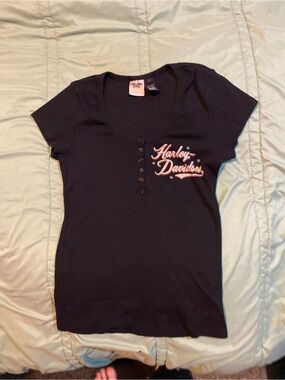 Harley-Davidson Black Short Sleeve Henley with White Script Logo